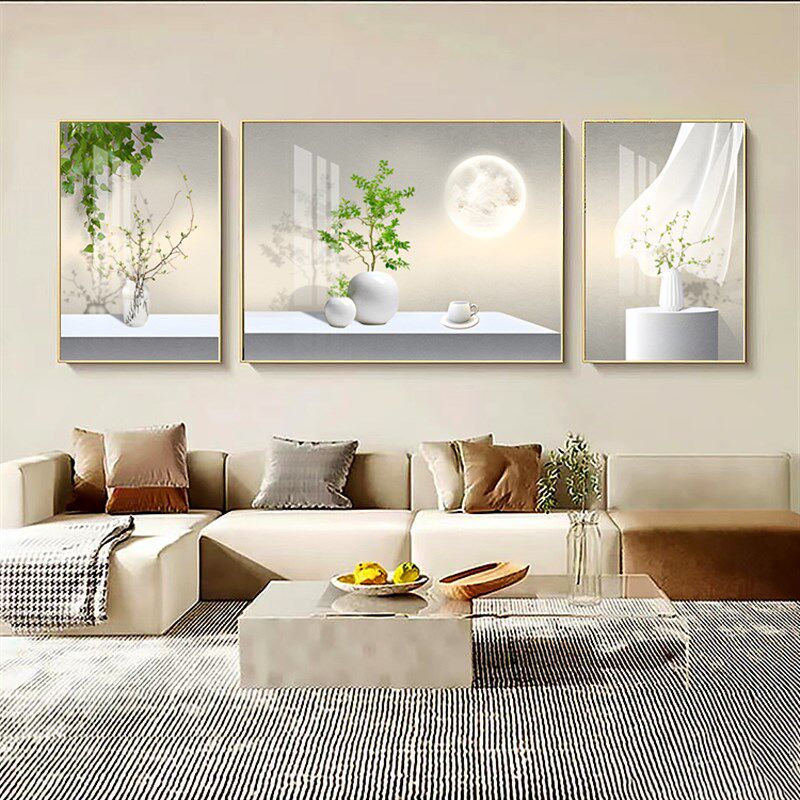 装饰画绿植花卉三联挂画现代简约沙发背景墙壁画高墙画