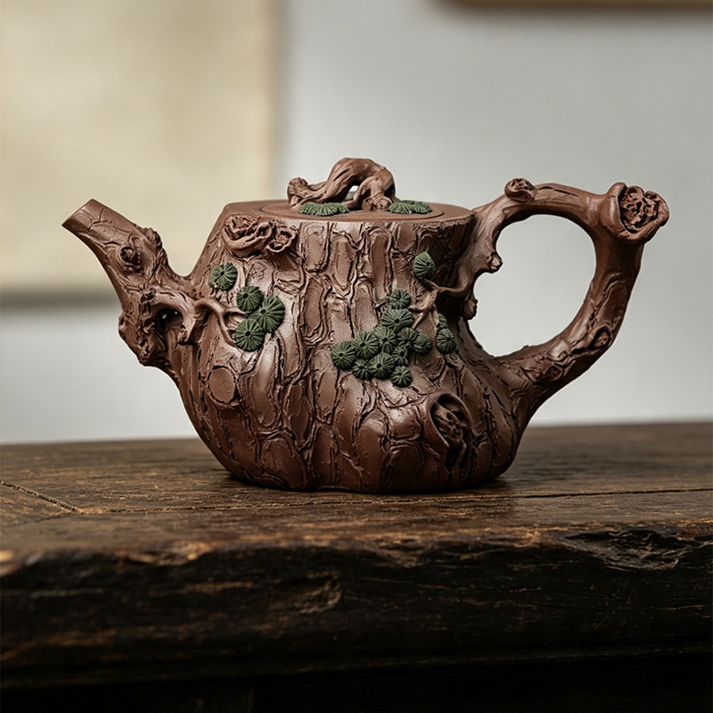 宜兴原矿紫砂纯手工浮雕松桩茶壶
