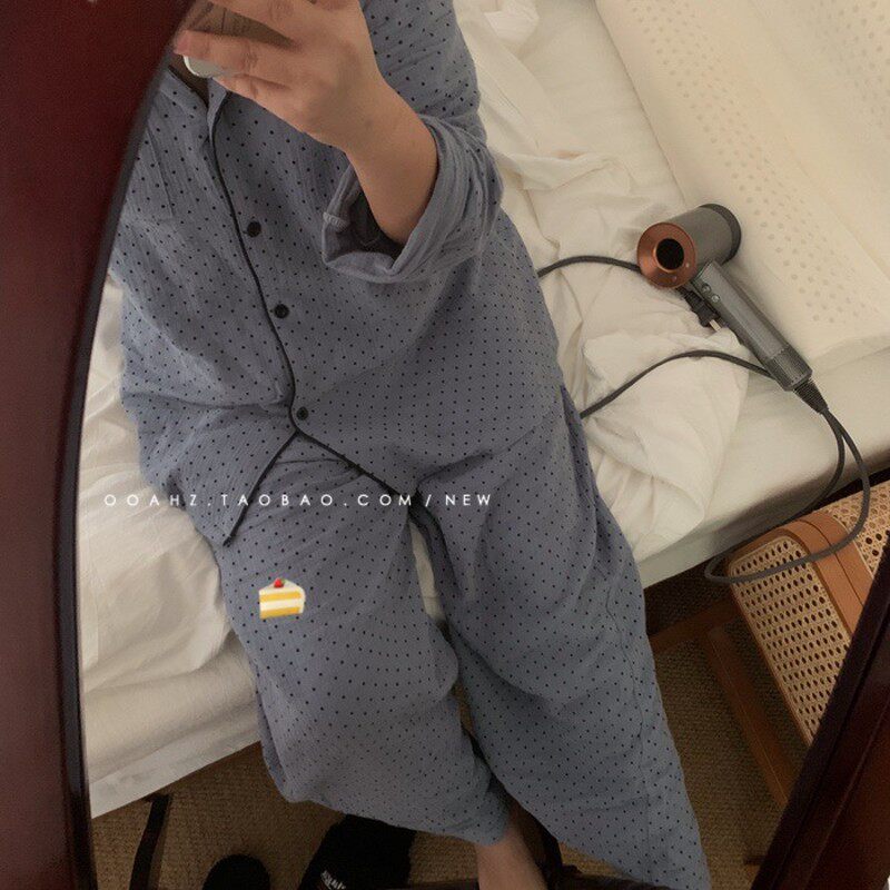 盐甜系雾霾蓝种草~波点纯棉纱可外穿睡衣套装长袖家居服睡裙