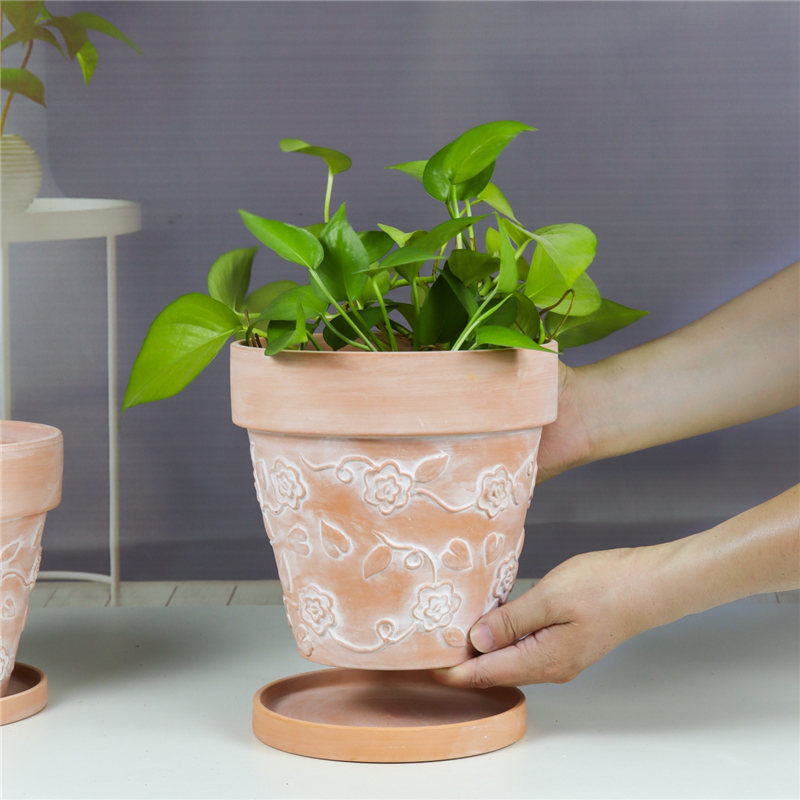 玫瑰花藤条浮雕简约透气红陶花盆阳台庭院花园多肉绿植复古陶土盆
