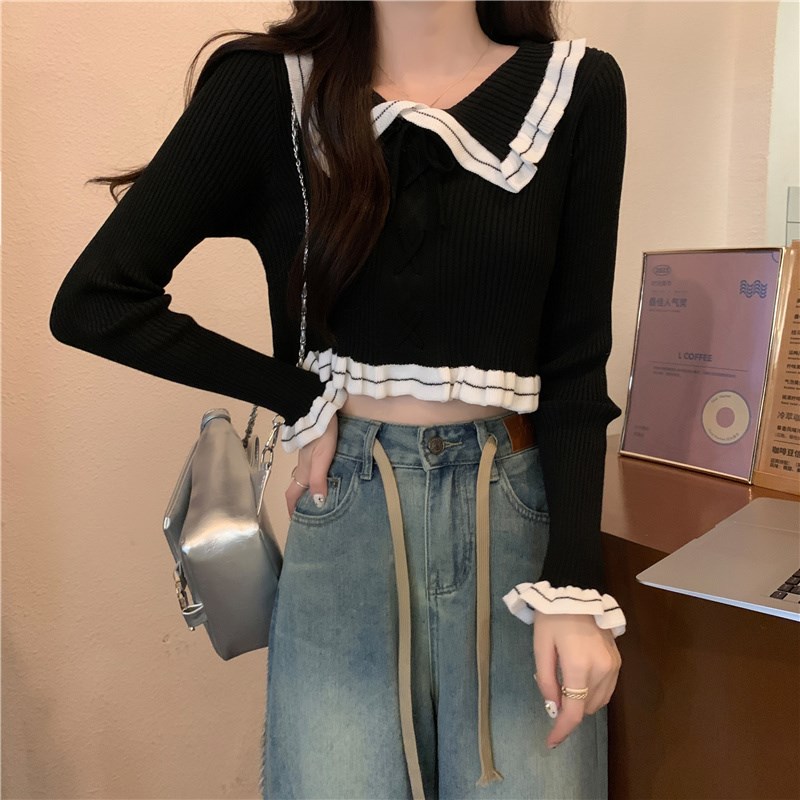 娃娃领毛衣女春秋2024新款修身显瘦短款小个子长袖打底针织衫上衣