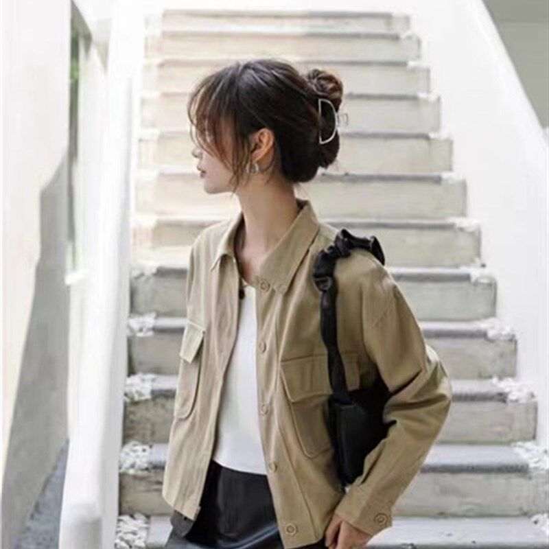 大码胖妹妹工装外套女春秋2024新款复古港味夹克学生百搭长袖上衣