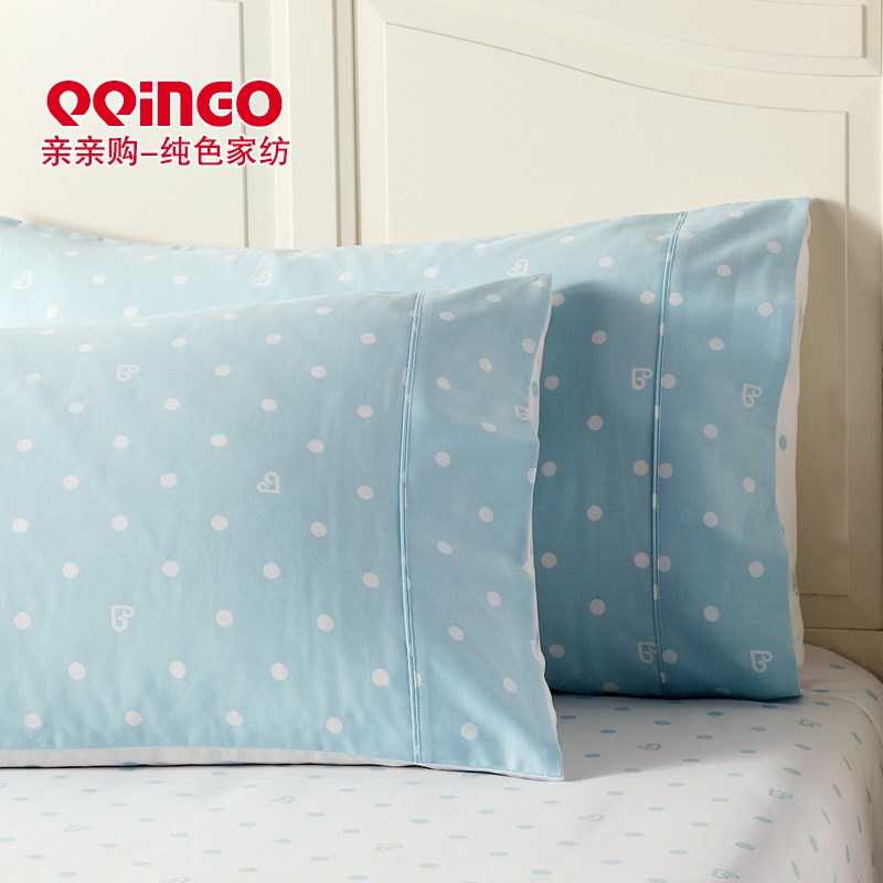 亲亲购 纯棉枕套可爱波点清新粉色蓝色全棉单人48*74cm枕头套一对