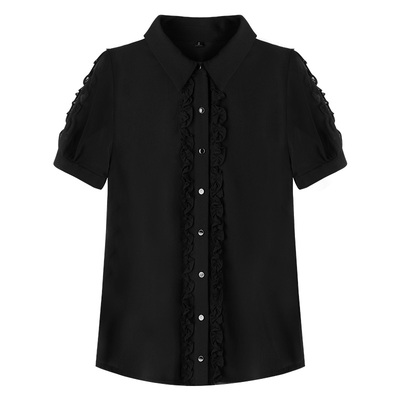 职业雪纺衬衫女夏季薄款百搭显瘦2021新款短袖木耳边上衣黑色衬衣
