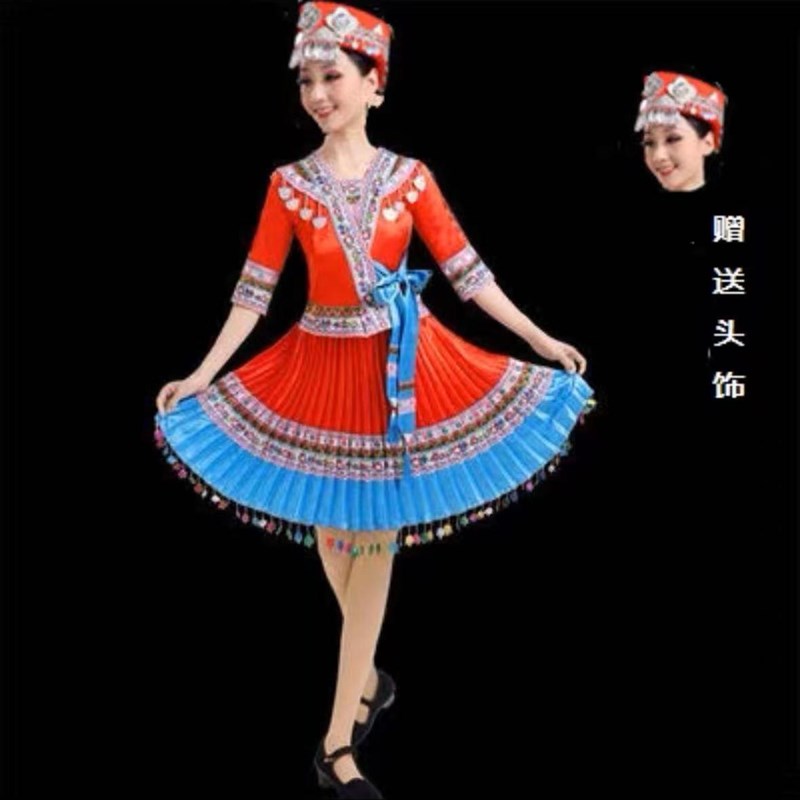 新款广西壮族女少数民族苗族土家族侗族飘逸百褶裙舞蹈演出服装