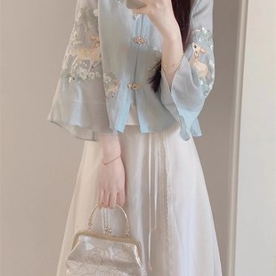 新中式国风禅意女装改良汉服蓝色吊带连衣裙子套装轻奢高级感夏季