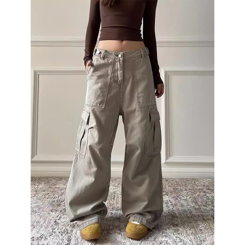 美式宽松大口袋阔腿工装牛仔裤女2024春秋新款高腰显瘦直筒长裤子