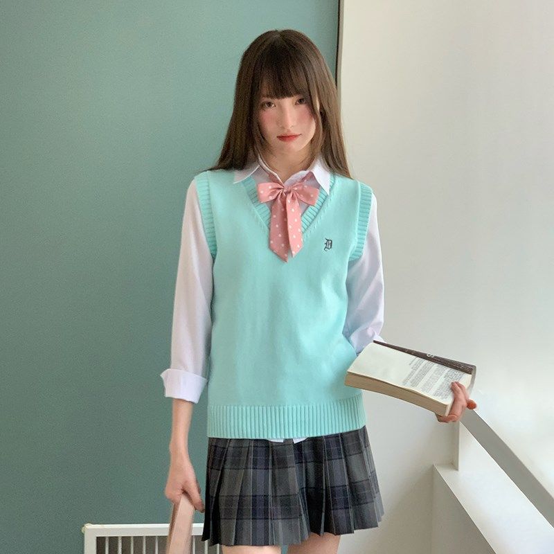 东京岁时记jk制服百褶裙叠穿水蓝色针织马甲背心学院风纯棉套装女