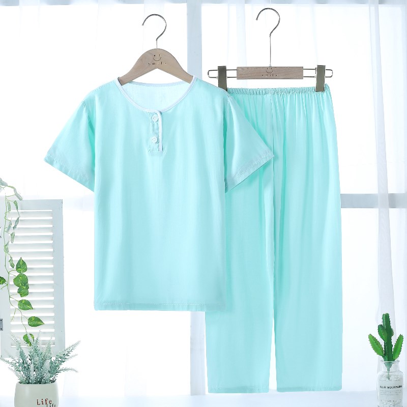 夏季儿童睡衣棉绸男孩女孩薄款男童女童超薄款绵绸短袖套装空调服