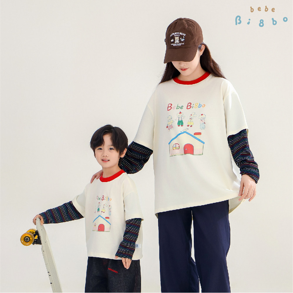 BI8BO2026秋季新款韩版宽松休闲儿童亲子款彩条萌趣屋T恤 36591