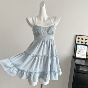 c家衣服站春氧日气感 蓝带色吊连衣裙女春季高腰身小个子蛋糕贴裙