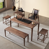 新中式 简约北美黑胡桃木茶桌椅组合大板实木茶台茶桌大板桌