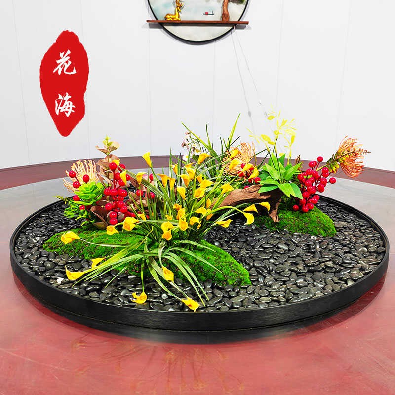 酒店餐桌中间大圆桌花摆花包厢圆形转盘仿真花餐桌上假花中式摆件