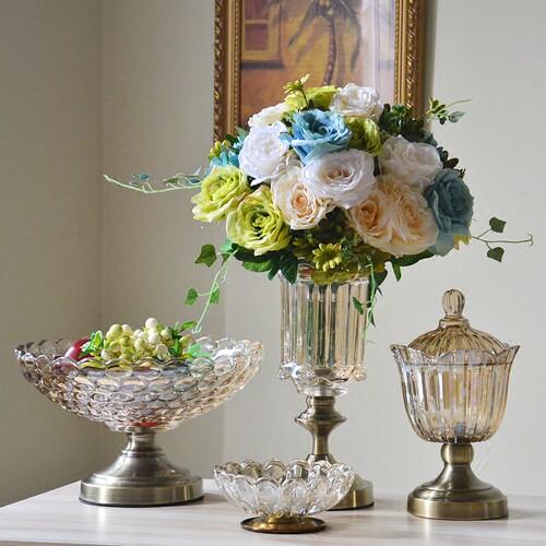 新古典欧式仿古铜水晶玻璃高脚花瓶 样板房客厅桌面装饰摆件摆设