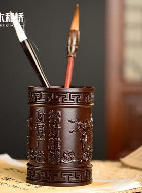 黑檀木雕麒麟笔筒工艺品办公室书桌家居客厅木质笔筒摆件送礼