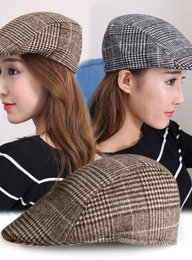 新款简约格纹韩版毛呢贝雷帽秋冬英伦男士鸭舌帽女士帽子前进帽