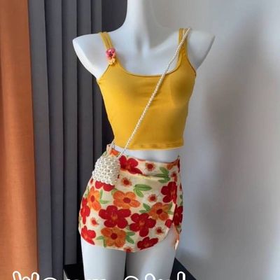 复古油画ins度假分体沙滩泳衣