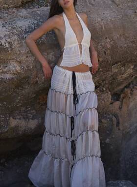 法式纯欲性感挂脖bikini分体泳衣三件套沙滩海边度假温泉长裙泳衣