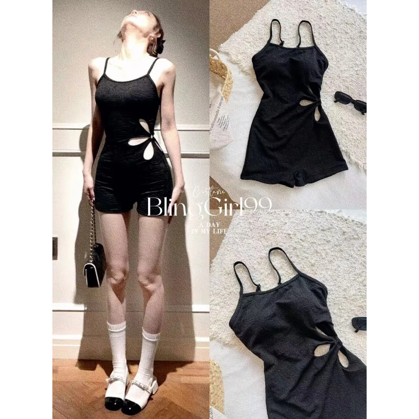 【小腰精平角】性感镂空连体泳衣女黑色小胸聚拢遮肉高级感泡温泉