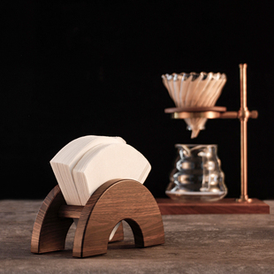 手冲咖啡滤纸架水转印黑胡桃木纹底座过滤纸托架扇形V60滤纸收纳