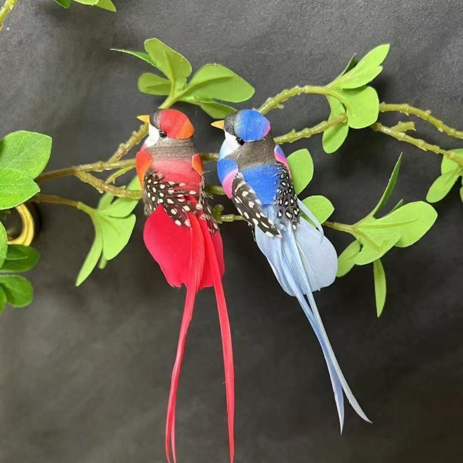 可爱彷真小鸟彩色真羽毛摆件客厅绿植盆景花园幼儿园阳台墙壁装饰