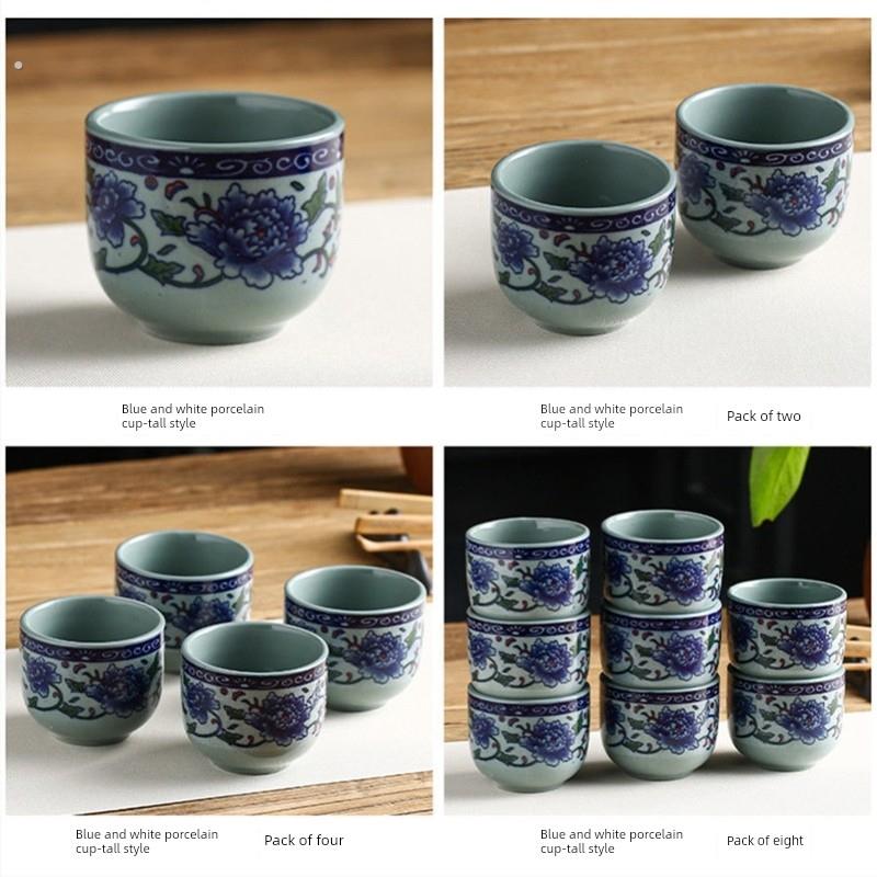 小茶杯江中杯酒杯青古瓷青花瓷牡丹覆古中式酒店饭店陶瓷杯茶具