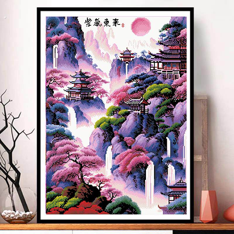 十字绣紫气东来新款客厅满绣装饰画玄关走廊风景画手工自己绣线绣