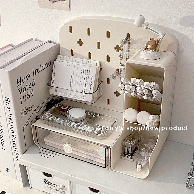 洞洞板桌面收纳架学生多功能办公室工位带抽屉文具杂物整理盒笔筒