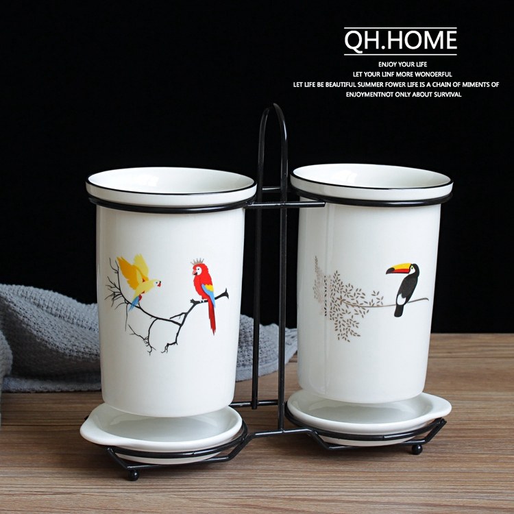 创意韩式双筒陶瓷筷子筒防霉沥水筷笼 筷子盒 筷子架 餐具笼