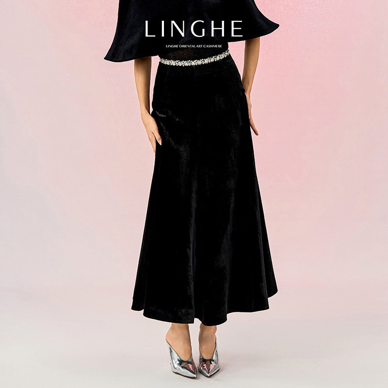 翎禾LINGHE-「浮春绘」丝绒半裙黑色优雅显瘦气质重工裙