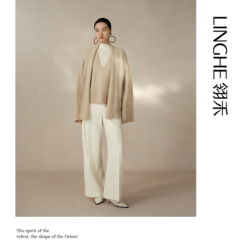 翎禾LINGHE-羊绒长袖针织开衫V领针织马甲两
