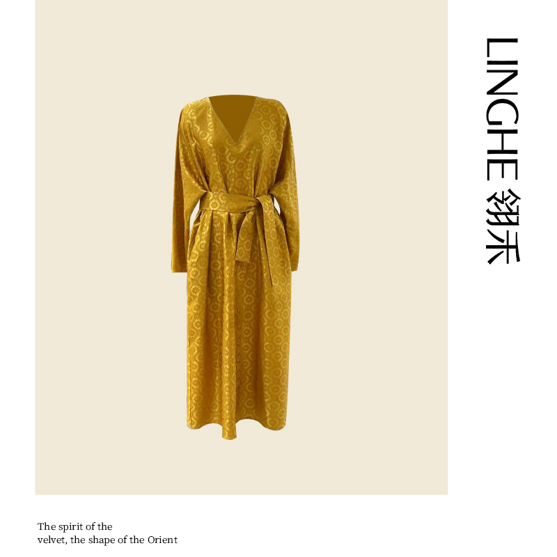 翎禾LINGHE-「金枝玉叶」几何花纹长袖连衣裙轻奢优雅收腰V翎长裙