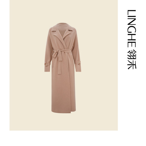 翎禾LINGHE-秋冬百搭时尚气质轻奢系带中长款山羊绒针织大衣外套