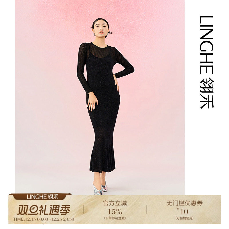 修身时尚黑色长袖圆领针织连衣裙