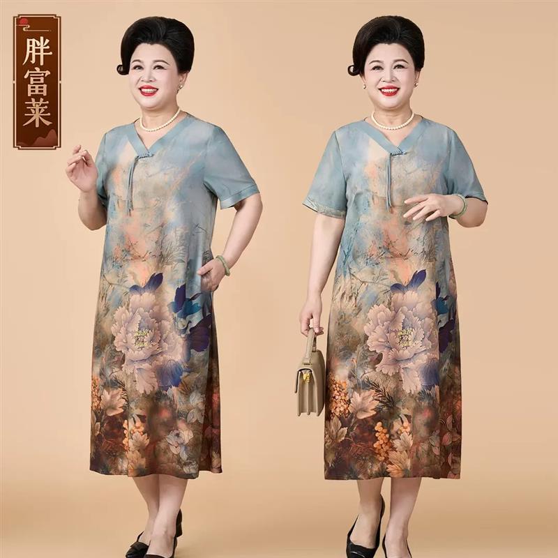 胖富莱工厂店大妈妈妈夏季连衣裙中老年奶奶宽松遮肚显瘦阔太太裙