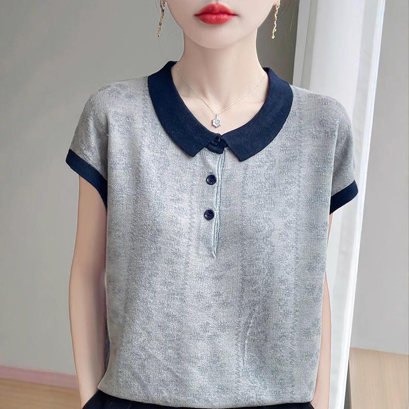 臻初女装女士打底衫T恤2025新款冰丝针织上衣夏季洋派娃娃领短袖