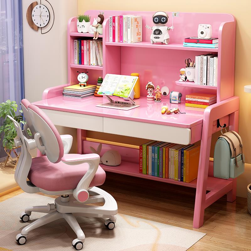 需定制儿童学习桌子中小学生实木书桌带书架小孩子可升降家用课桌