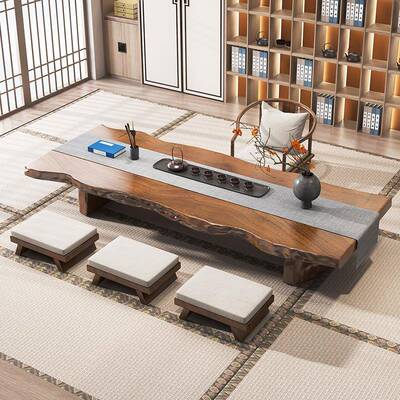 需定制日式原木大板茶桌椅组合实木泡茶台榻榻米功夫禅意矮桌阳台