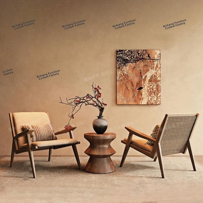 需定制侘寂风实木单人沙发椅中古风酒店民宿接待椅会客椅样板房家