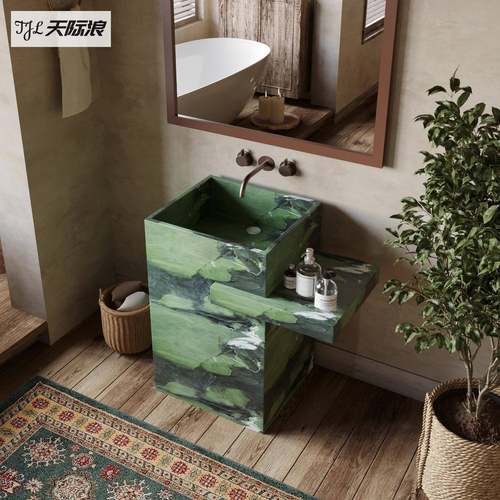 包豪斯牛油果色落地一体立柱盆岩板洗手盆酒店洗脸盆立式洗漱台