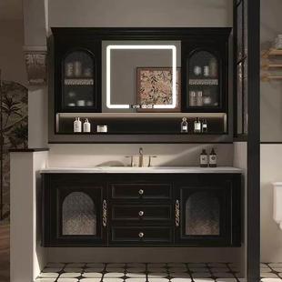 法式 复古黑色岩板一体台盆浴室柜组合橡胶木带镜灯定制