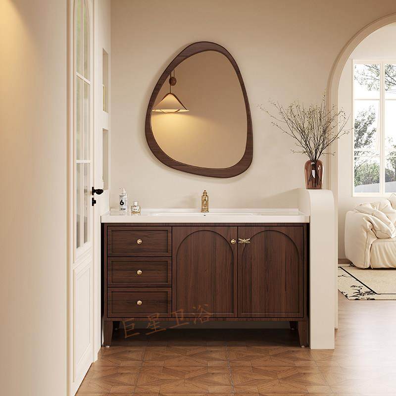 中古风浴室柜组合橡木陶瓷一体盆卫生间落地洗脸洗漱台卫浴柜订制