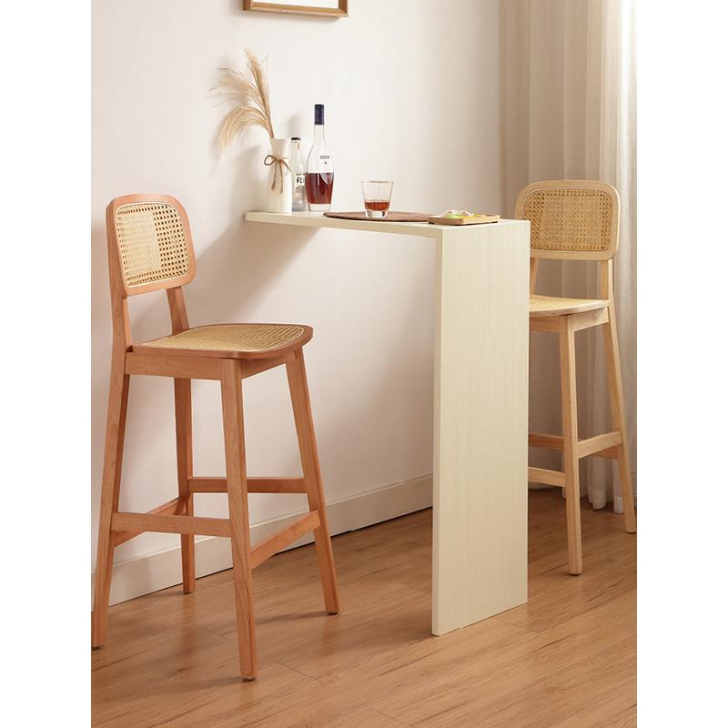 需定制北欧实木吧台椅家用岛台椅子侘寂风椅子藤编吧椅酒吧椅靠背