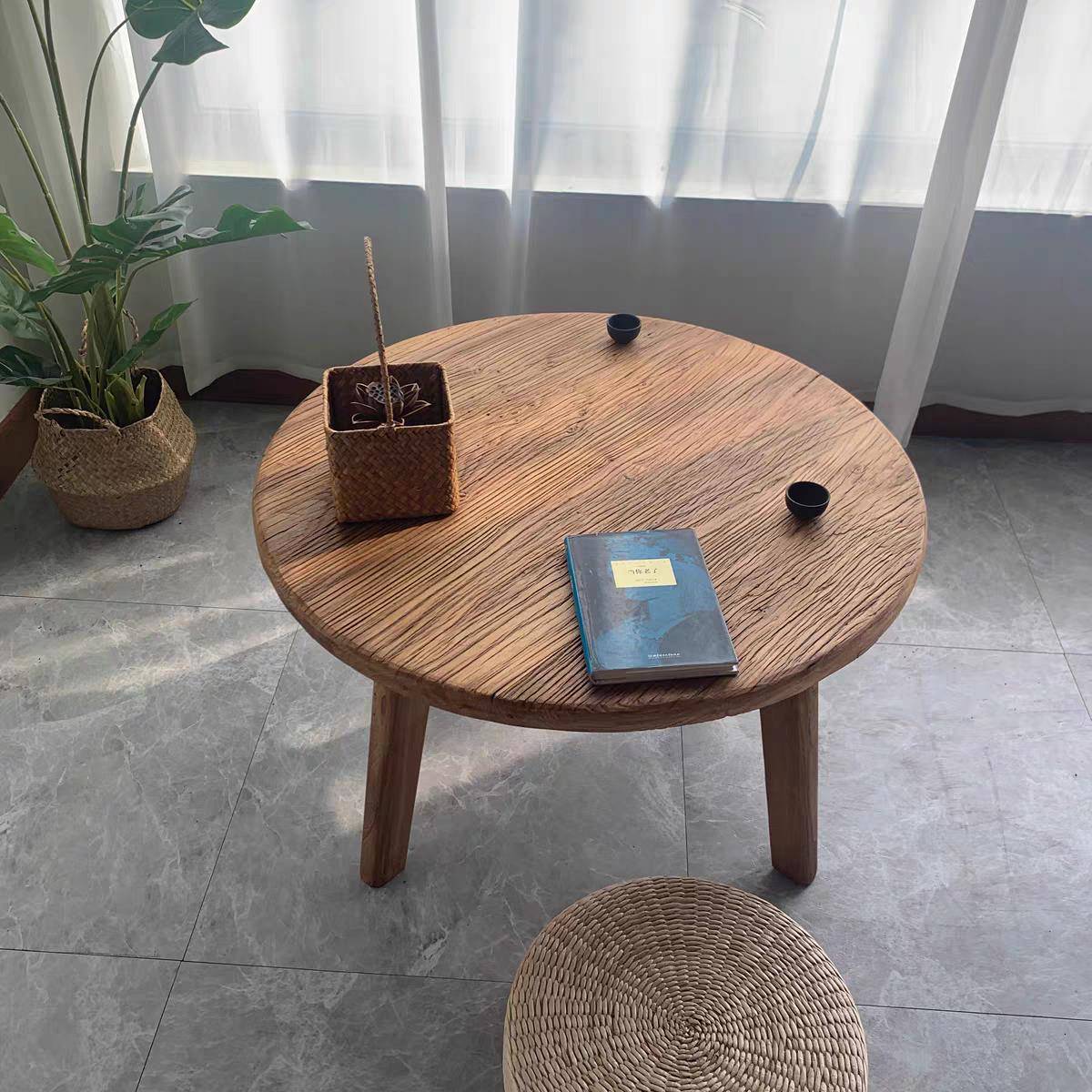 需定制老榆木圆桌茶桌客厅沙发边几风化阳台茶几禅意小户型小矮桌