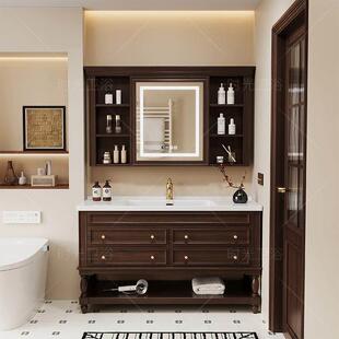美式 复古岩板无缝陶瓷一体盆浴室柜组合卫生间洗脸洗手盆橡木 法式