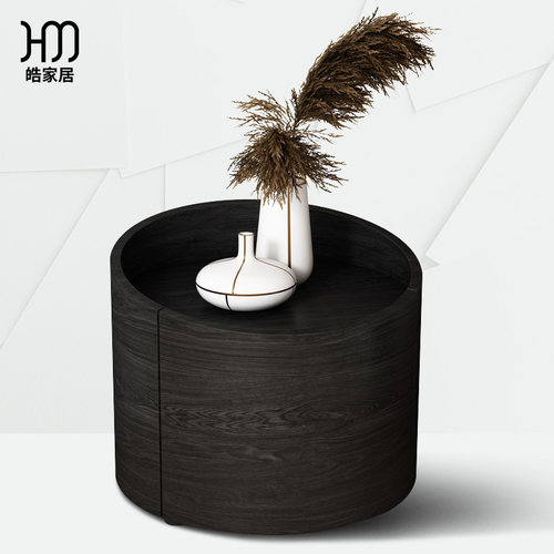 床头柜现代极简设计师别墅风床边柜复古烟熏橡木色圆形新款收纳柜