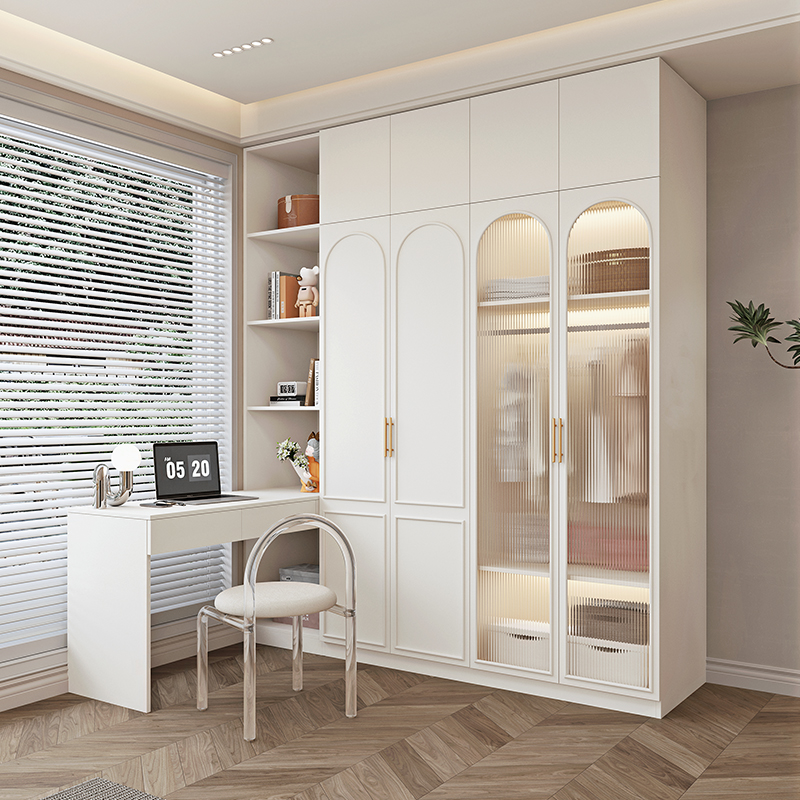 奶油风儿童衣柜书桌一体小户型组合转角学习桌家用卧室实木储物柜