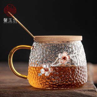 锤纹玻璃杯带把手家用水杯子喝茶杯咖啡杯带盖带勺早餐杯 耐热日式