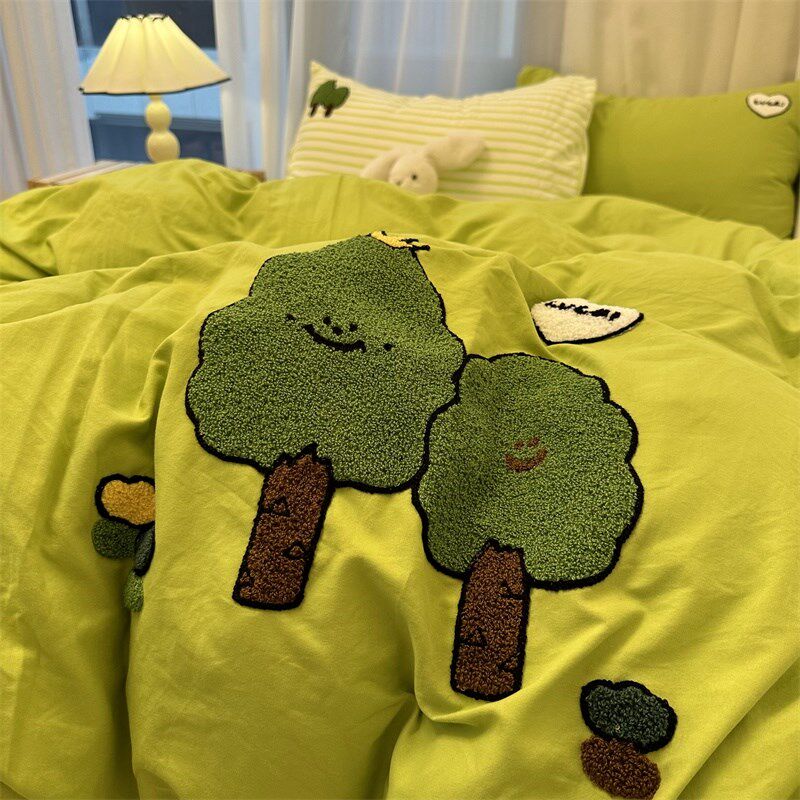 荧光绿小树毛巾绣床上水洗棉四件套..米宿舍床单被套三件套