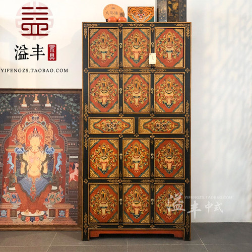 新中式做旧彩绘书柜带门酒店装饰高柜餐边柜储物碗柜收纳家具
